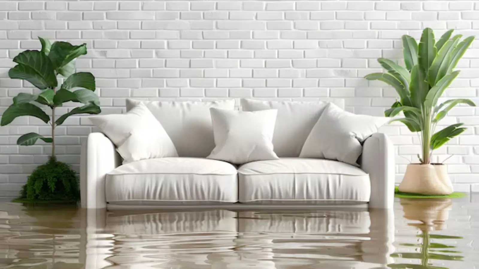 Flooded living room with a white sofa in a modern apartment