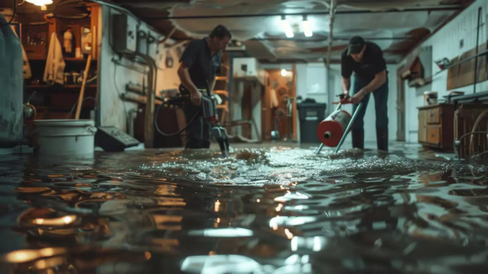 Two workers pumping standing water out of a flooded basement